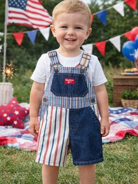NWT OshKosh B’gosh Toddler Shortall Overalls Striped Denim Patchwork Boys Summer